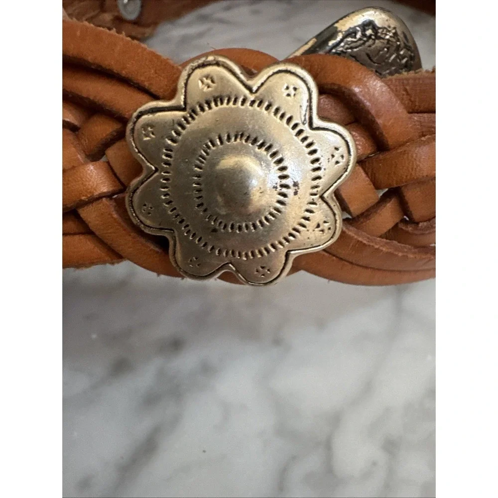 Women's Vintage Western Fossil Brown Leather Silver Concho Belt Size Medium - Picture 3 of 9